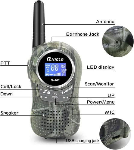 Vista 8 de QNIGLO Walkie Talkies para acampar para niños recargables, Walkie Talkies de camuflaje para niños y niñas, adecuados para juegos de aventura al aire