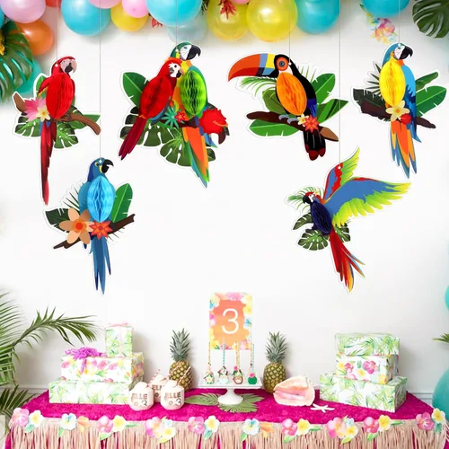 Vista 3 de 6 piezas de recortes de panal de pájaros tropicales – Decoración hawaiana Luau Tropical para verano, playa, selva, safari, selva tropical, fiesta