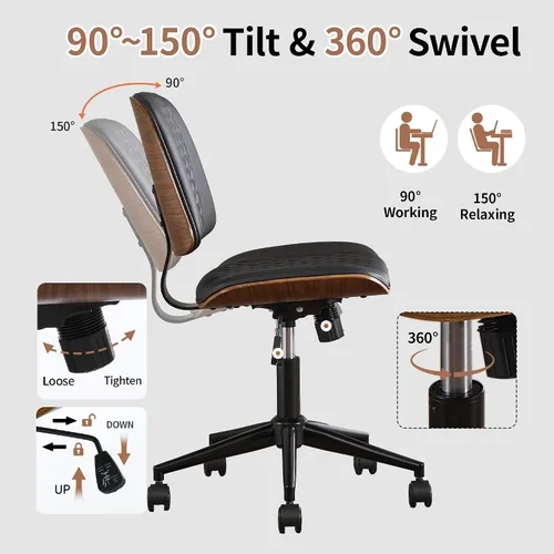 Vista 3 de Silla de escritorio de oficina con ruedas sin brazos, silla de computadora Negro
