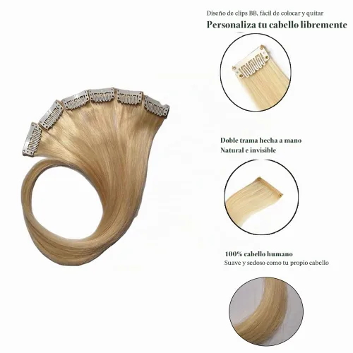 Vista 3 de Extensiones de cabello humano con clip, de 18 pulgadas, rubio decolorado, 100 % real, extensiones de cabello con clip para mujer, 6 piezas de Bleach