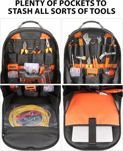 Vista 5 de Mochila de herramientas con compartimento para portátil, bolsa de herramientas completamente abierta, bolsas de herramientas HVAC, mochila