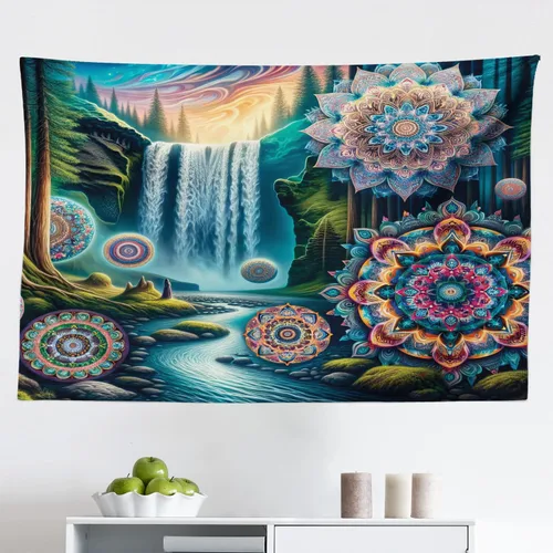 Vista 39 de Ambesonne Tapiz Trippy, vista panorámica de la cascada con bosques de ensueño y mandala oriental psicodélico, decoración de tela para colgar