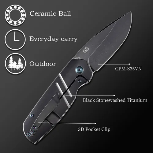 Vista 5 de KANSEPT Turaco - Cuchillos plegables de bolsillo para hombres, EDC cuchillo plegable de 2.85 pulgadas CPM-S35VN Material Cuchillo plegable