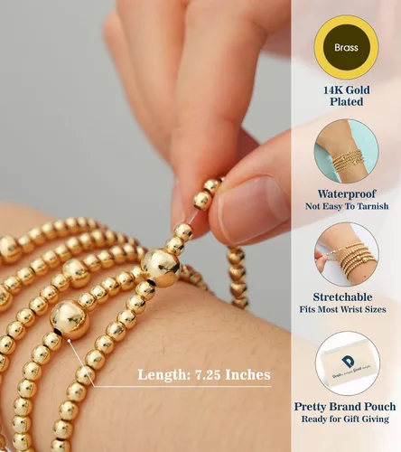 Vista 4 de doubgood Pulseras de oro para mujer, pulseras de cuentas de oro para mujer, pulseras de oro apiladas, apilables, apilables y elásticas