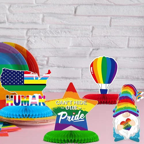 Vista 7 de 9 piezas de decoración del mes del orgullo, centro de mesa de panal de abeja de orgullo, decoraciones de fiesta de arco iris, centros de mesa Love