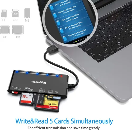 Vista 4 de Lector multitarjeta USB3.0, SD/TF/CF/Micro SD/XD/MS 7 en 1 rápido lector de tarjetas de memoria de 5 Gbps, escritor/concentrador para SD SDXC SDHC