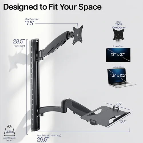 Vista 3 de VIVO Soporte de pared para monitor y laptop con contrapeso de altura ajustable para pantallas de hasta 27 pulgadas, STAND-SIT1L