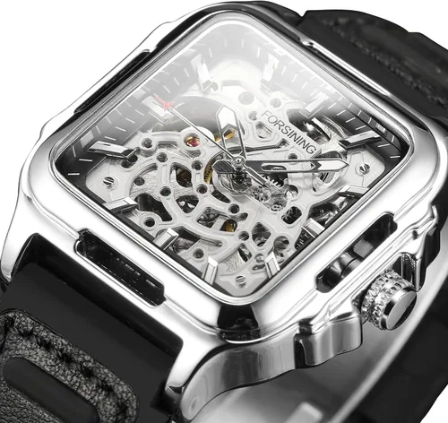 Vista 22 de FORSINING Reloj de pulsera con diseño de esqueleto impermeable para hombre, automático, steampunk, correa de silicona, luminoso cuadrado