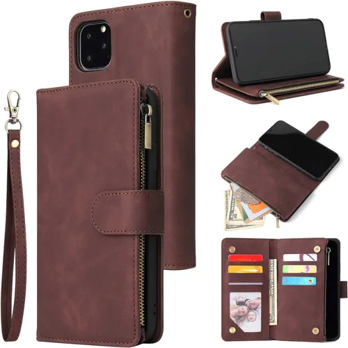 Vista 14 de UEEBAI Funda tipo cartera para iPhone 12 Mini, piel sintética, cierre magnético, correa de mano, múltiples ranuras para tarjetas, soporte de Marrón