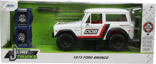 Vista 6 de Jada Just Trucks 1:24 1973 Ford Bronco Bridgestone - Portaneumáticos fundido a presión, juguetes para niños y adultos (blanco y rojo)