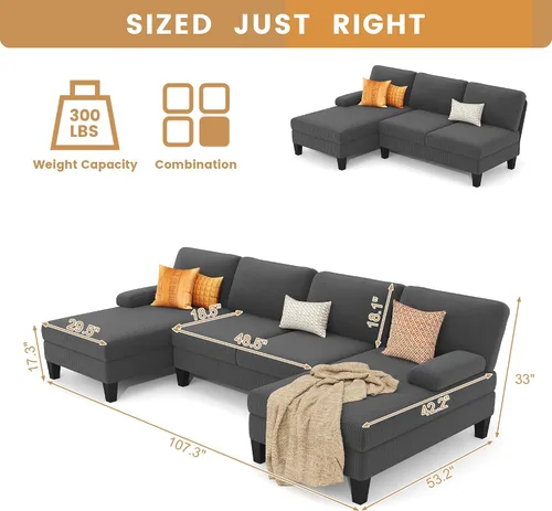 Vista 2 de COCO DESIGN Sofás seccionales en forma de U para sala de estar, sofá modular moderno de 108 pulgadas con diván doble, sofás de felpilla