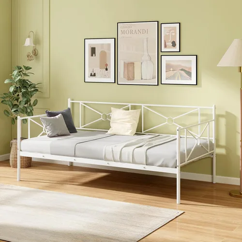 Vista 5 de KOMFOTT Marco de cama de metal de tamaño individual, plataforma de soporte de listones de acero resistente, sofá cama multifuncional con cabecero