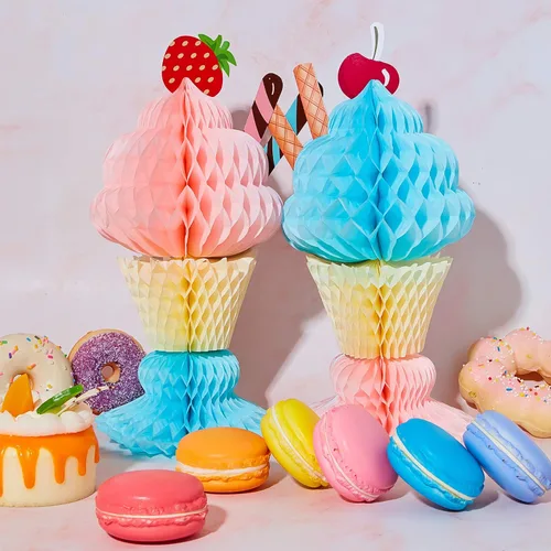 Vista 5 de Outus Centro de mesa de helado de panal de abeja de 4 piezas, centro de mesa de helado, decoraciones de fiesta para verano, cumpleaños, suministros
