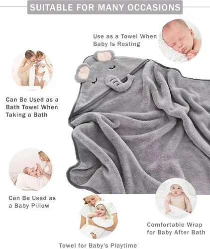 Vista 4 de btsoprz Toallas de baño con capucha de elefante gris para niños pequeños, regalos de ducha de animales de dibujos animados, absorbente y suave, 32 x