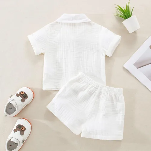 Vista 7 de Conjunto de ropa para bebés y niños pequeños, camisa con botones + pantalones cortos de gasa de algodón, traje de verano, 2 piezas con bolsillos