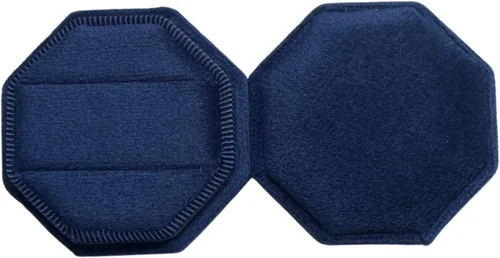 Vista 3 de Caja de anillo de terciopelo octágono de doble ranura para compromiso, boda, ceremonia, joyería, exhibición de fotos y almacenamiento (azul rey)