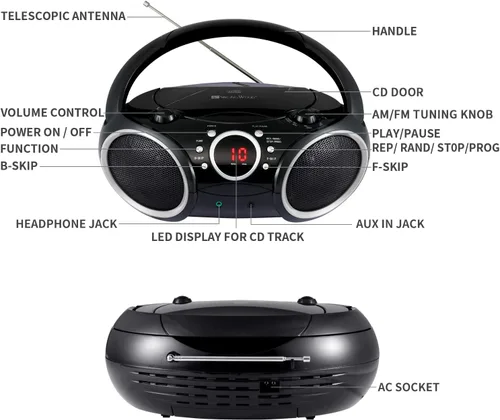 Vista 8 de SINGING WOOD 030C Reproductor de CD portátil Boombox AM FM Radio de sintonización analógica, línea auxiliar, conector para auriculares, asa