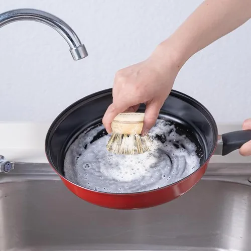 Vista 7 de Limpiador de platos de bambú con mango – Cepillo de cerdas duras de cerdas naturales, cepillo de cocina sostenible y biodegradable para platos