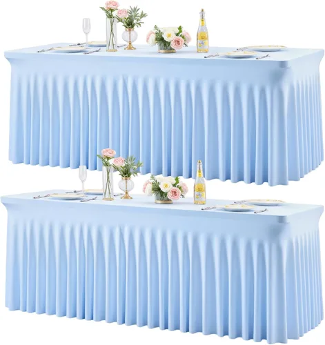 Vista 19 de Manteles de mesa de elastano azul bebé de 6 pies para mesas rectangulares, sin arrugas, rectangular, elástico, ajustable de 6 pies con falda