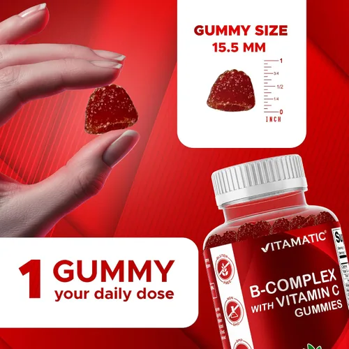 Vista 3 de Gomitas de complejo de vitamina B Vitamatic con vitamina C e inositol - Sabor natural a fresa - 60 gomitas (1 botella)