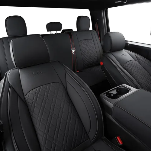 Vista 2 de LUCKYMAN CLUB Juego completo de fundas de asiento F150 Q7, para Ford F150 2015-2023 y F250 F350 F450 2017-2023 (juego completo, negro)