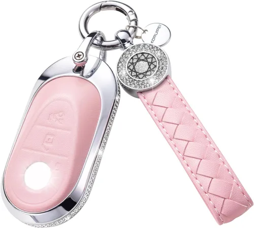 Vista 41 de Funda para llave inteligente con llavero, de piel auténtica color rosa, con cristales, carcasa protectora
