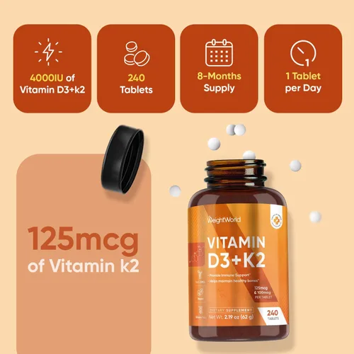 Vista 6 de WeightWorld Vitamina D3 4000 IU + K2 (MK-7) 125mcg - 240 tabletas Huesos, músculos, apoyo inmunológico y absorción de calcio Vitamina vegana a