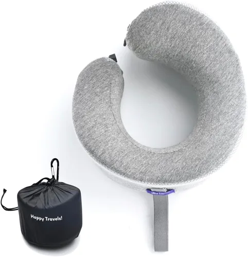 Vista 26 de C CUSHION LAB Almohada de viaje, galardonado diseño ergonómico patentado para mentón y cuello, almohada de espuma viscoelástica para el cuello Azul