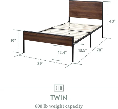 Vista 2 de Edenbrook Base de cama - Cama de plataforma de metal - Cabecero y estribo de madera - Somier opcional, individual, roble marrón