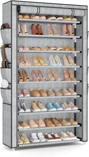 Vista 9 de Zapatero con tapa, organizador de zapatos de 10 niveles para 40-50 pares de zapatos deportivos y botas, gran capacidad, con 8 bolsillos, zapatero