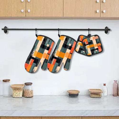 Vista 5 de MCALK Juego de 5 manoplas de horno y soportes para ollas, guantes abstractos para horno y almohadillas calientes para cocina de cocina, manoplas