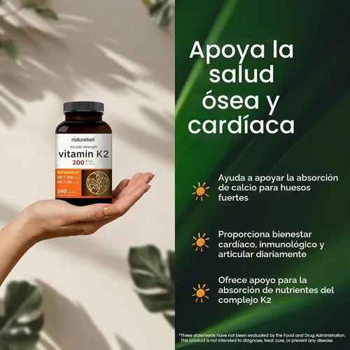 Vista 4 de NatureBell Suplemento de Vitamina K2 de Espectro Completo con MK-7 y MK-4, 200 mcg, 240 cápsulas Fórmula 2 en 1, complejo de vitaminas K – Apoya