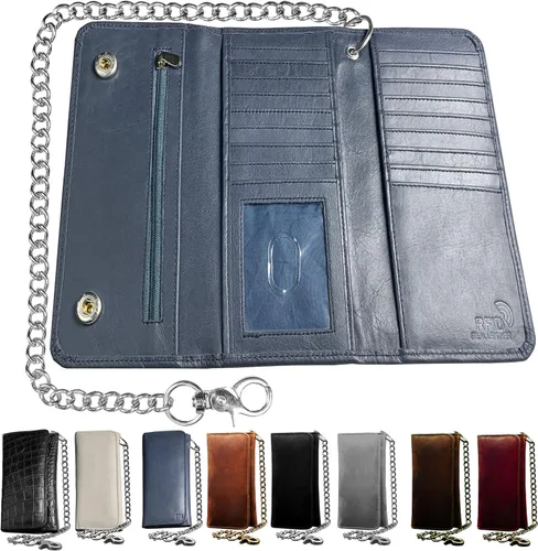 Vista 2 de IBRO Cartera de cadena de motocicleta para hombre 100 piel auténtica natural bloqueo RFID largo de triple pliegue organizador de dinero de tarjeta