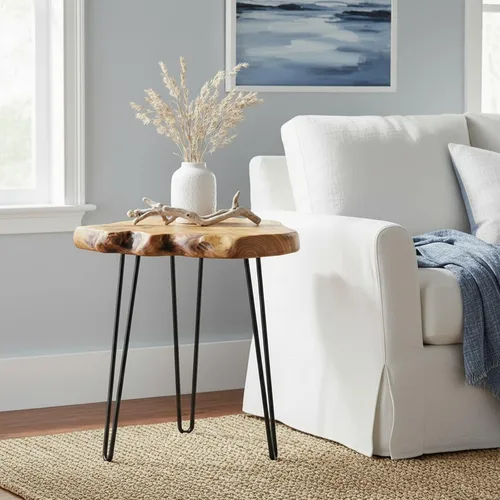Vista 6 de Mesa auxiliar de madera Welland con borde natural, mesita de noche., cedar