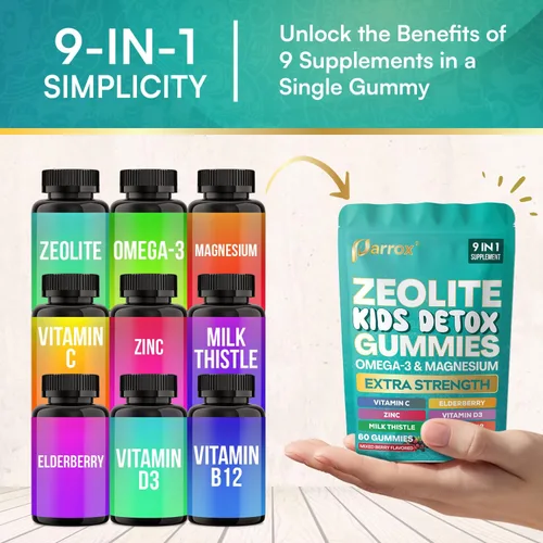 Vista 4 de Gomitas de Zeolita Parrox para Niños, 9-en-1 con Zeolita, Omega-3, Magnesio, Saúco, Vitamina C, Cardo Mariano, Vitamina D3, Zinc, B12 – Sin Azúcar