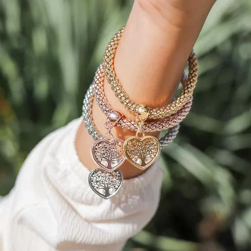 Vista 4 de 3 pulseras de cadena de palomitas de maíz de oroplataoro rosa - dije de edición de corazón con pulsera elástica de cristal para mujeres y niñas
