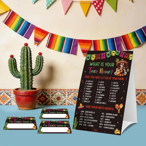 Vista 6 de COCHIE Juego de tacos para fiesta, familia, adultos, oficina, grupos grandes, con nombre de taco, decoración de fiesta mexicana con 36 calcomanías
