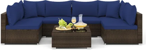 Vista 32 de Tangkula Juego de 2 sofás de mimbre para exteriores, sin brazos, juego de sofá modular de ratán para patio con 2 cojines de asiento gruesos y 2