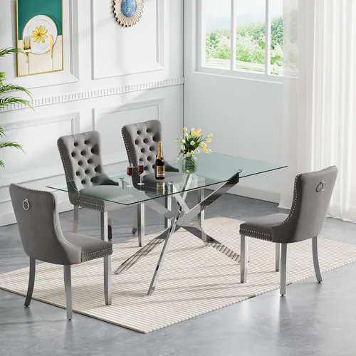 Vista 94 de Juego de mesa de comedor de cristal plateado moderno de 47 pulgadas para 2, juego de mesa de comedor de cocina redonda de 3 piezas con patas