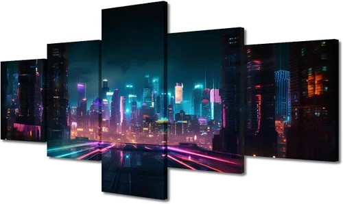 Vista 11 de Póster de 5 paneles en lienzo para decoración de pared, diseño de centro urbano Cyberpunk, impresión moderna, decoración de pared para el hogar