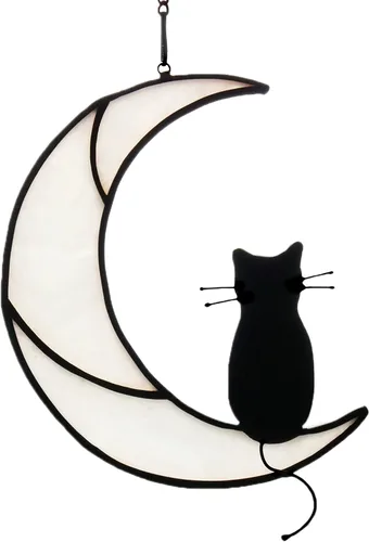 Vista 12 de Black Cat Decor On Moon Suncatcher Decoration,Cat Memorial Gifts for Cats Lovers Stained Glass Window Hangingt,Cats Loss Sympathy Gift,Pet Memorial