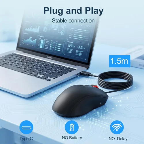 Vista 2 de Ratón USB C con cable, 6 botones tipo C, ratón óptico portátil, silencioso y cómodo, para laptop, Mac, MacBook, Android, PC