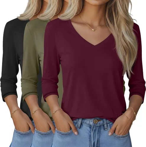 Vista 26 de Ficerd Paquete de 3 camisetas de manga 3/4 para mujer, cuello en V, blusas holgadas, blusas casuales, ropa de moda 2026