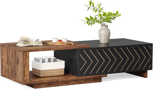 Vista 3 de LITTLE TREE Mesa auxiliar de madera expandible con 2 cajones, mesa central rectangular de granja que ahorra espacio, perfecta para sala de estar