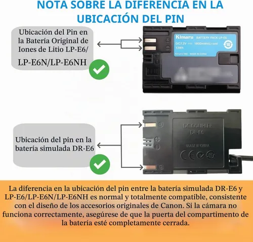 Vista 4 de Kimaru LP-E6NH Batería ficticia ACK-E6 Adaptador de corriente de CA DR-E6 Kit de acoplador de CC para Canon EOS R5 R5C R6 R6II R7 R, 90D 80D 70D 60D