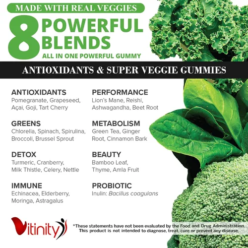 Vista 3 de VITINITY Super Greens - Gomitas multivitamínicas Hechas con 30 superalimentos reales, verduras, hierbas, frutas para adultos y niños para aumentar