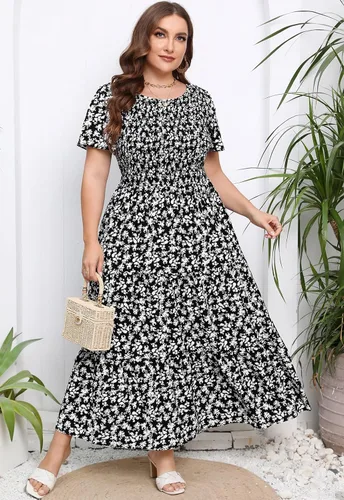 Vista 4 de Younrui Vestido largo escalonado fruncido para mujer, talla grande, con bolsillos, elegante, manga corta, cuello redondo, floral, bohemio, vestido