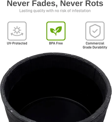 Vista 8 de RTS Companies Home Accents - Maceta de barril de whisky de 24 pulgadas, maceta de polietileno duradero para interiores y exteriores, maceta de Negro