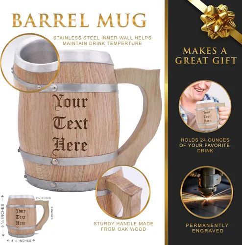 Vista 3 de My Personal Memories Taza de cerveza personalizada con barril de madera de roble de 24 onzas con asa e interior de acero inoxidable