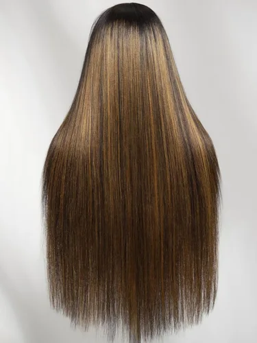 Vista 8 de UNICE Peluca balayage marrón con encaje frontal de 13 x 4 pulgadas, cabello humano Yaki lacio, pretodo, sin pegamento, precortadas, nudos